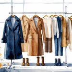 A clothing rack displaying elegant wardrobe pieces like a trench coat, blazer, sweater, and boots with simpler basic clothes in the background inside a bright boutique.