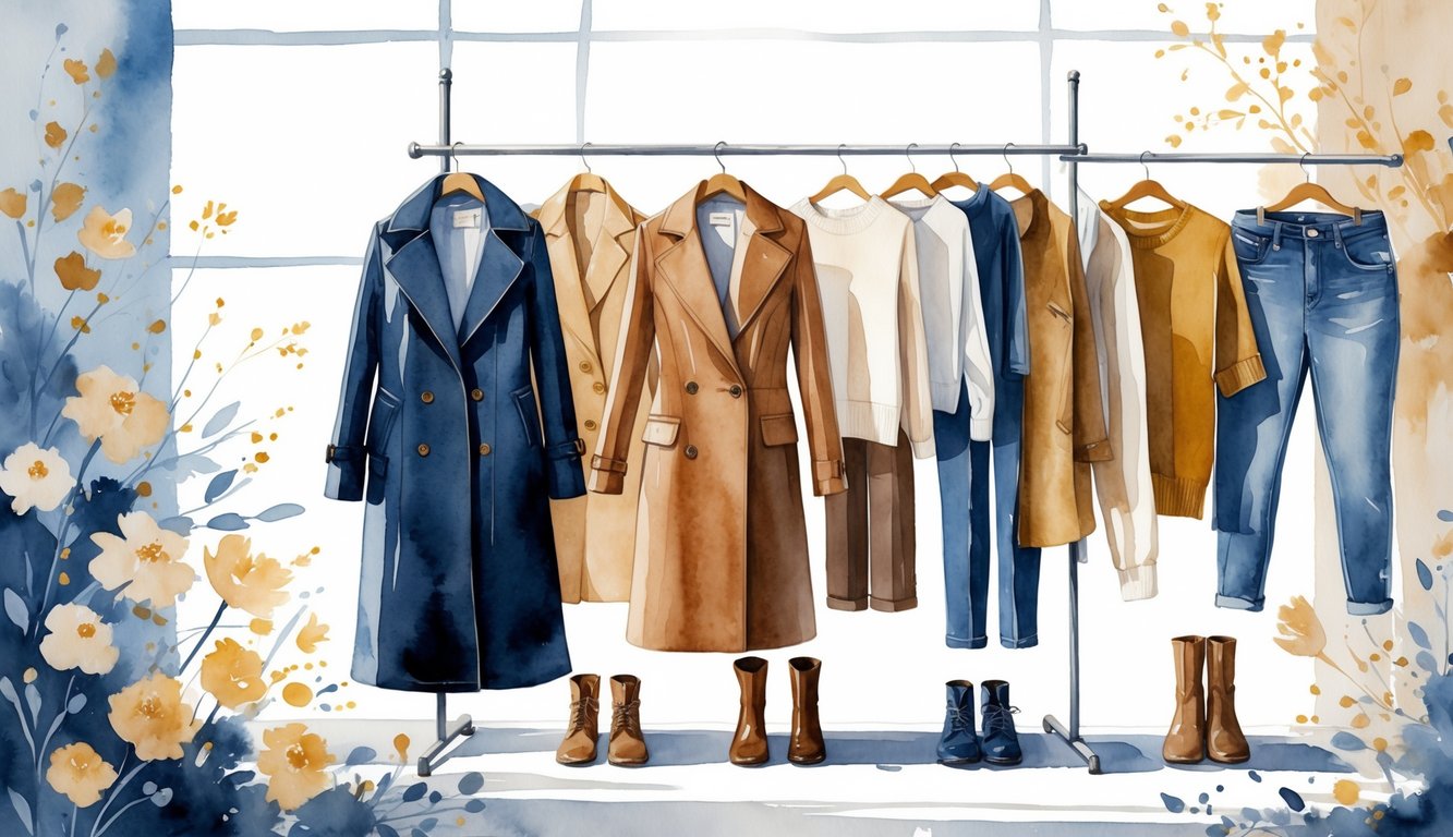 A clothing rack displaying elegant wardrobe pieces like a trench coat, blazer, sweater, and boots with simpler basic clothes in the background inside a bright boutique.