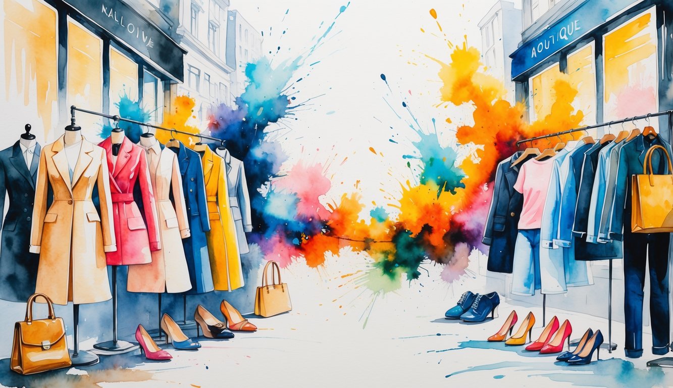 A marketplace scene showing elegant investment clothing pieces on one side and simple fast fashion basics on the other, with swirling colors connecting them to represent a sudden shift in popularity.