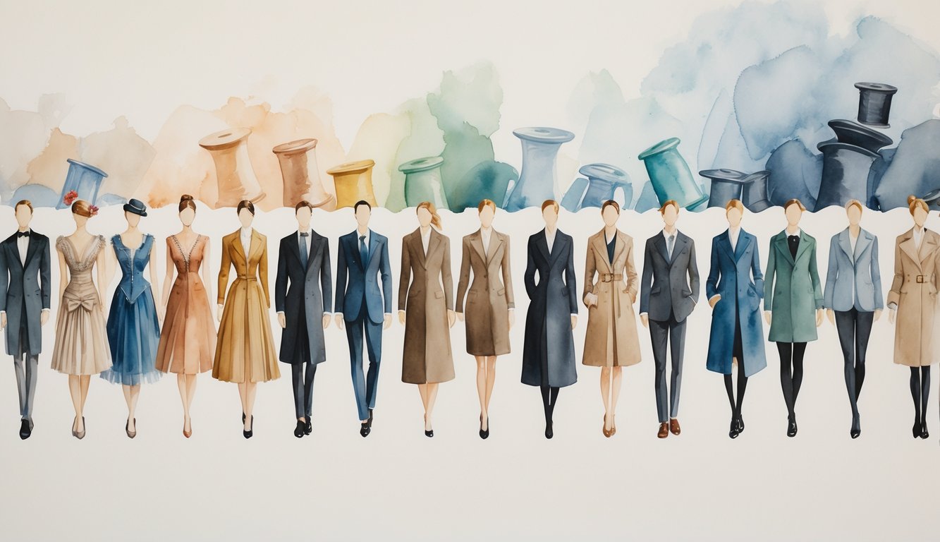 A timeline of elegant clothing items from different historical periods arranged in a flowing sequence, showing the evolution of wardrobe investment pieces.