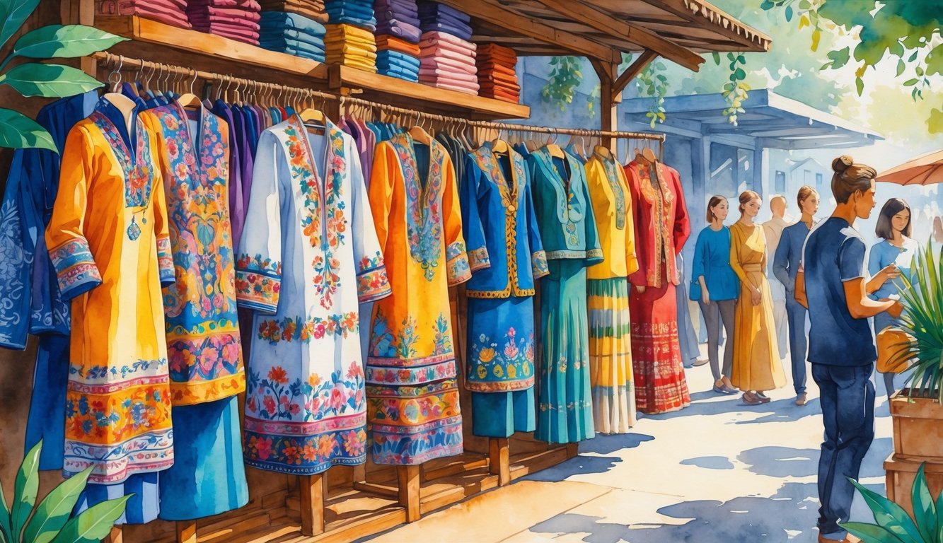 A marketplace scene showing people admiring traditional cultural clothing and high-quality wardrobe pieces, with a smaller area of plain, mass-produced clothing in the background.