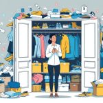 A person stands in front of an overflowing closet filled with clothes and boxes, looking overwhelmed while holding some items.