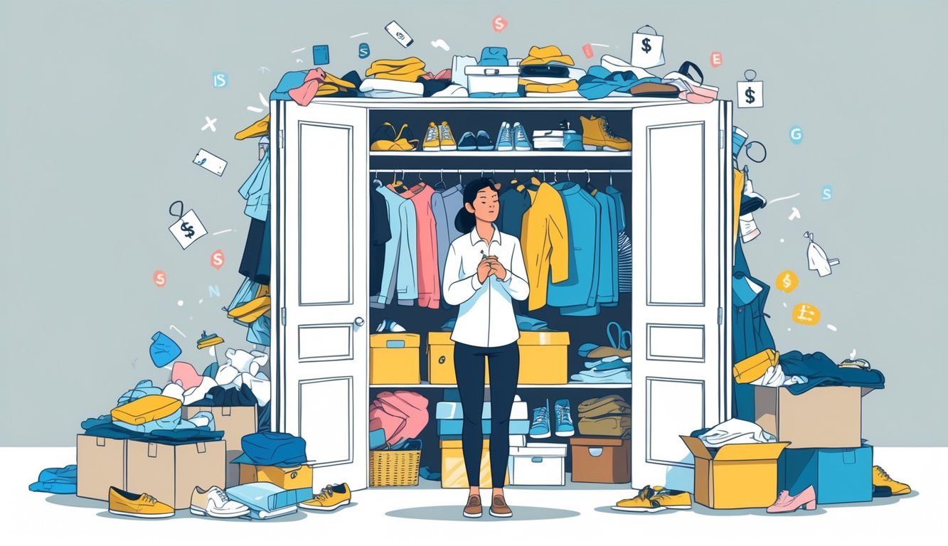 A person stands in front of an overflowing closet filled with clothes and boxes, looking overwhelmed while holding some items.