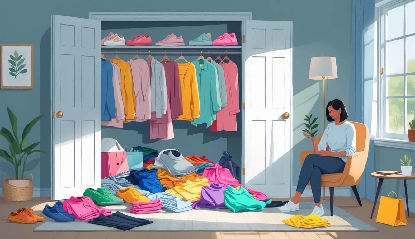 A person sitting near an open closet with organized clothes and piles of discarded items on the floor, reflecting on their belongings in a calm bedroom setting.