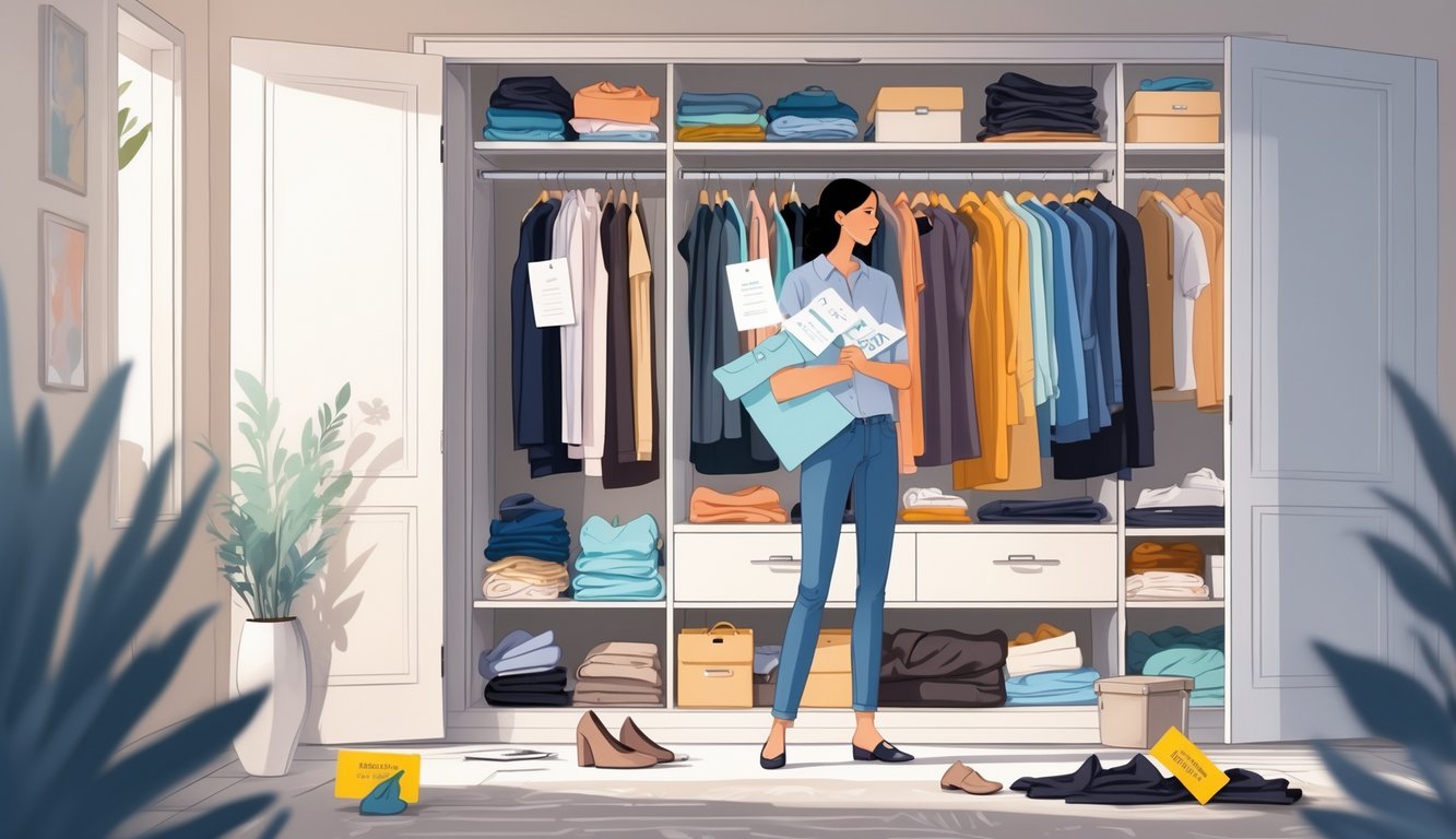 A person stands thoughtfully in front of an open wardrobe filled with both organized and cluttered clothes, holding some items while surrounded by subtle symbols of money.