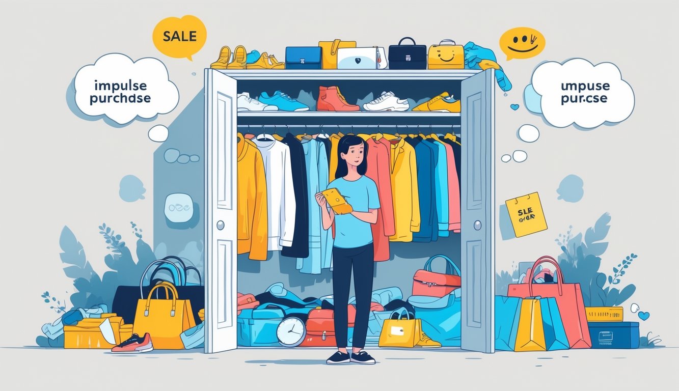 A person stands in front of an open cluttered closet filled with clothes and items, looking thoughtfully at an object in their hand, surrounded by subtle symbols of shopping triggers.