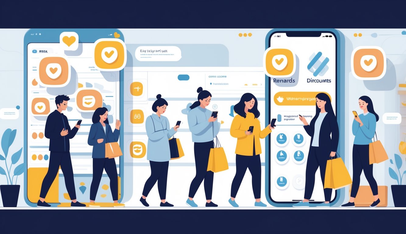Shoppers using smartphones in a store, showing changing loyalty program rewards with some icons fading and new digital benefits appearing.
