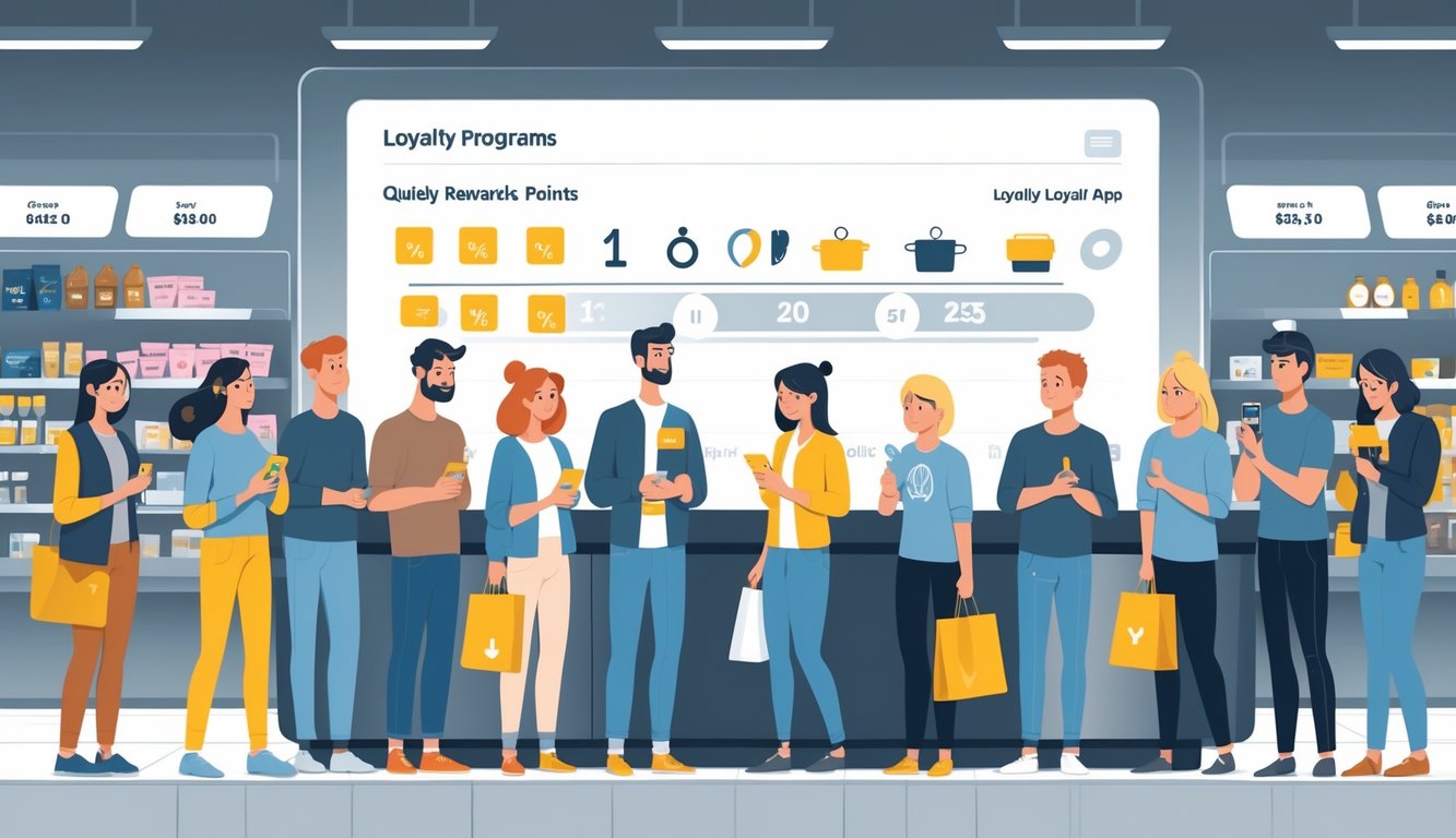 Shoppers looking disappointed at a store counter as loyalty rewards and discounts are subtly reduced on digital displays.