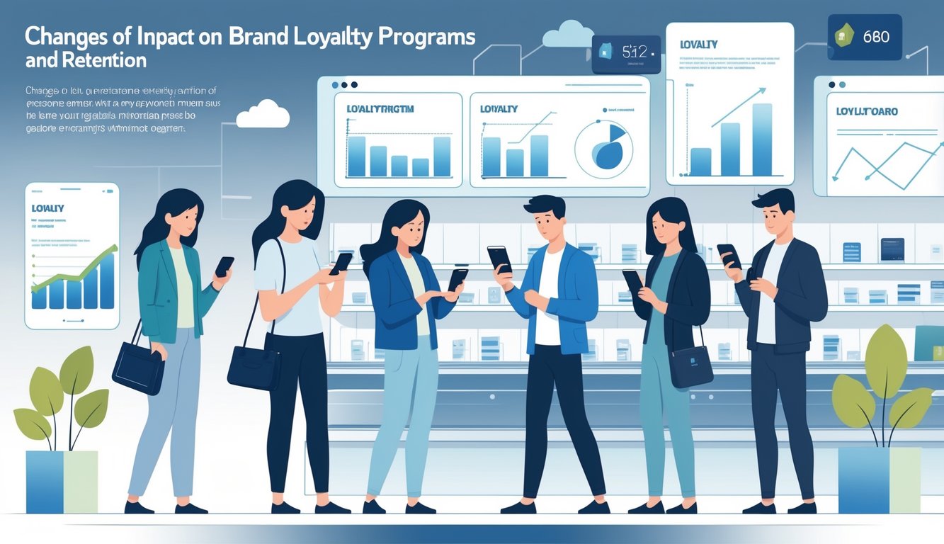 Shoppers looking disappointed while using loyalty program apps and cards in a retail store, with subtle signs of reduced rewards and declining satisfaction.