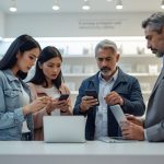 Shoppers using smartphones and laptops near a customer service counter in a retail store, looking thoughtful while checking return options.