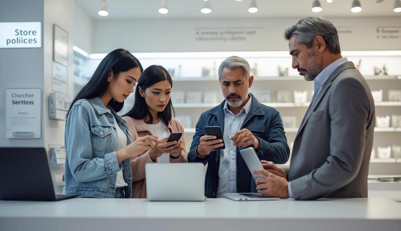 Feature image Shoppers using smartphones and laptops near a customer service counter in a retail store, looking thoughtful while checking return options.
