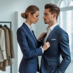 A stylist adjusting a fitted blazer on a male model in a fashion studio.