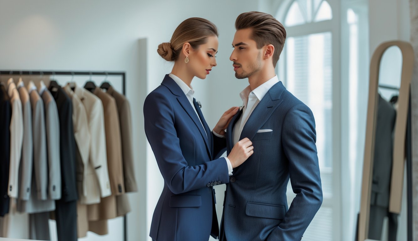 A stylist adjusting a fitted blazer on a male model in a fashion studio.
