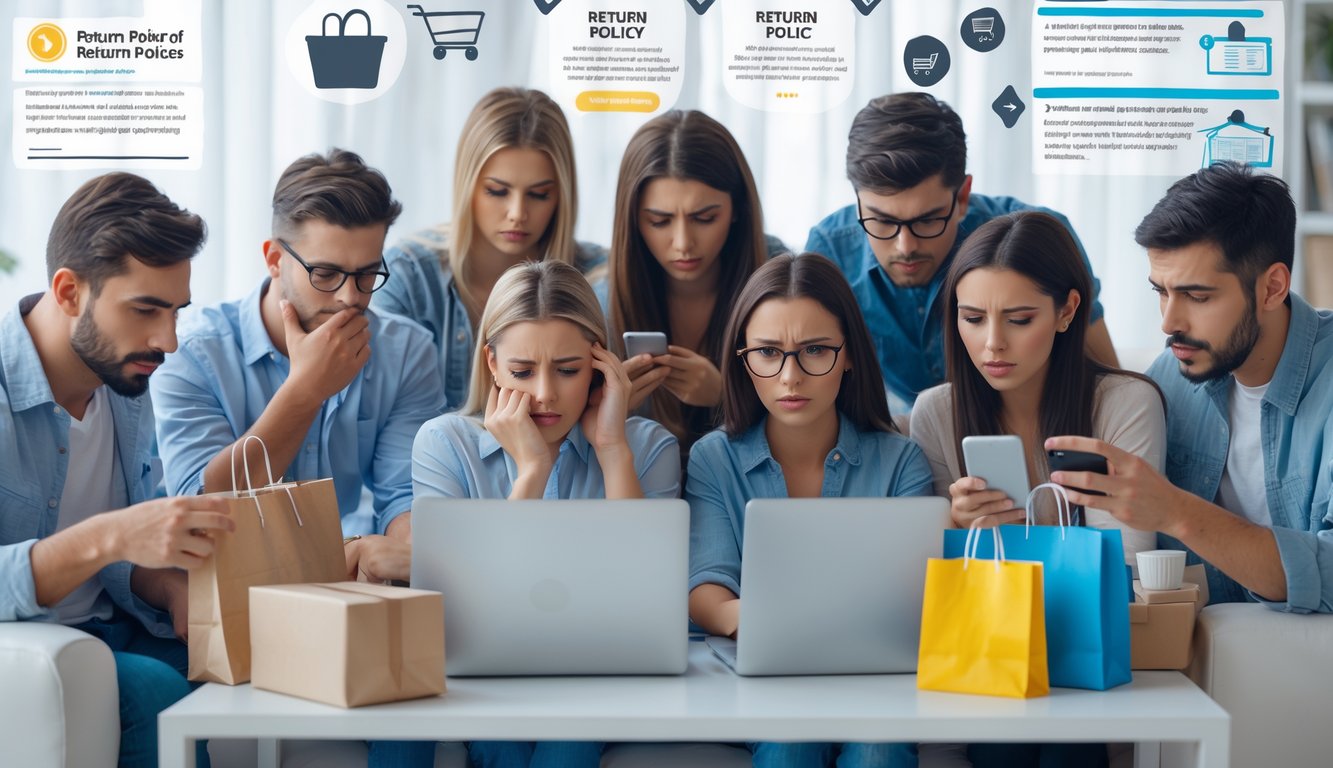 People at home using devices to shop online, showing mixed emotions while looking at packages and screens.