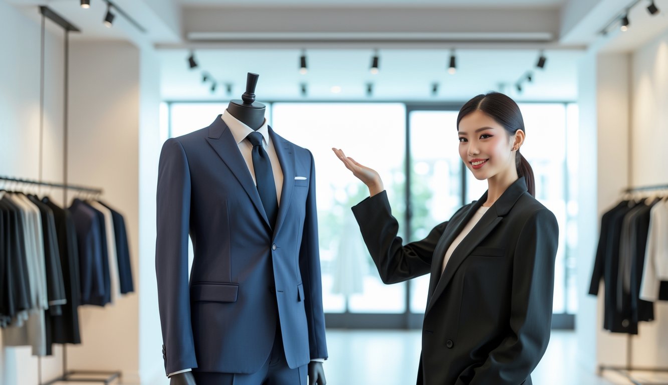 A fashion boutique with two mannequins, one wearing a tailored slim-fit suit and the other an oversized outfit, with a stylist pointing at the tailored suit.