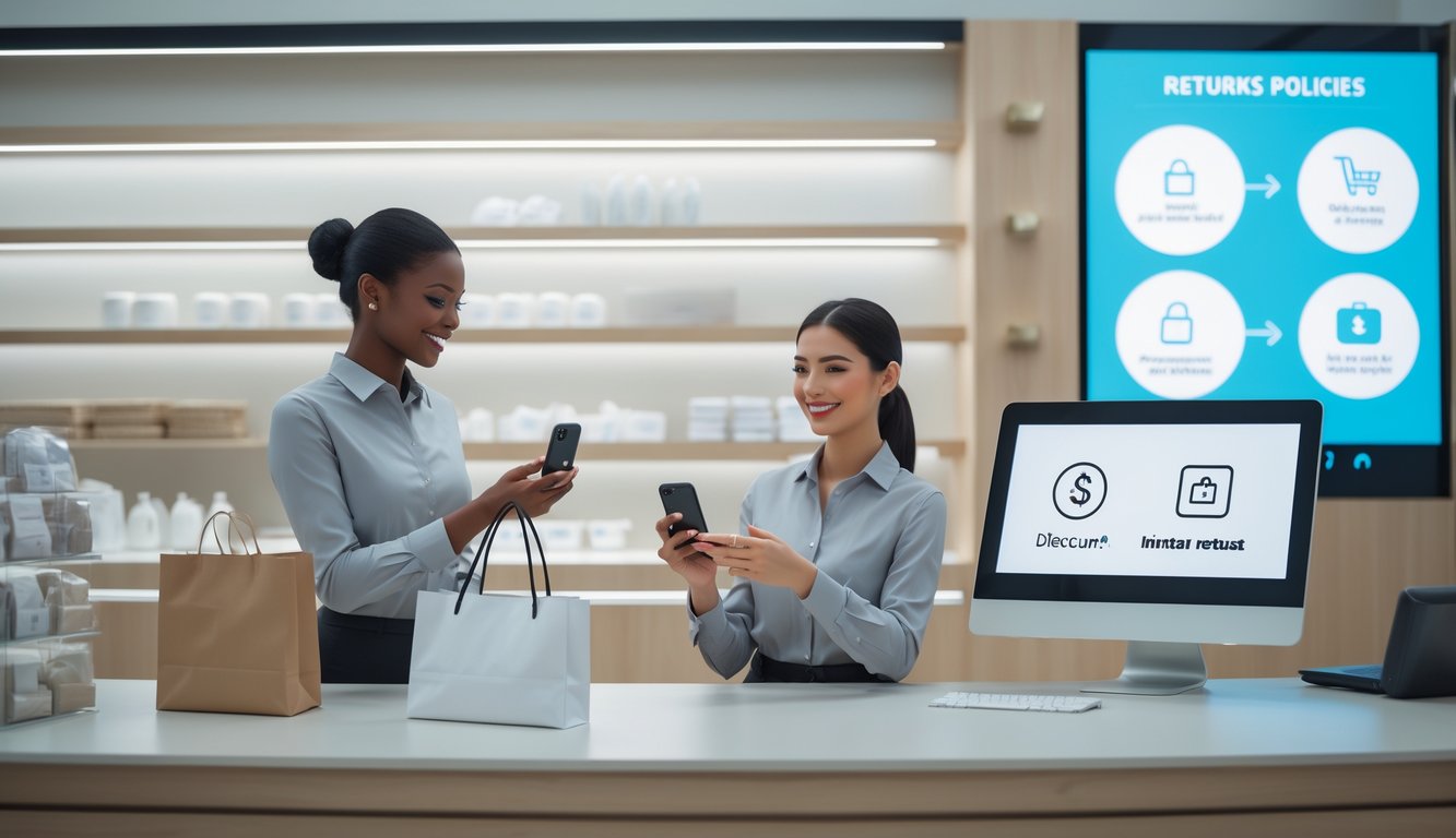 A retail employee helps a customer holding a smartphone and shopping bag at a customer service counter in a modern store.