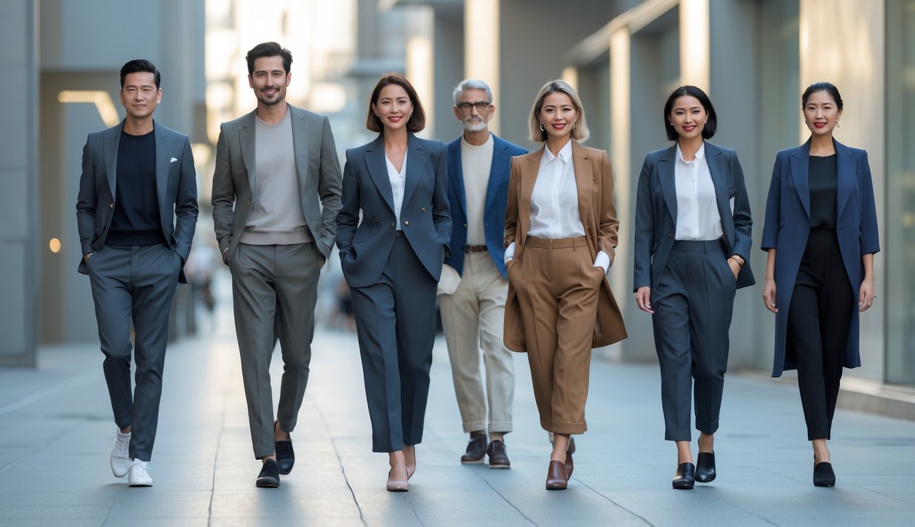 A group of people wearing fitted clothing standing and walking in a city environment.