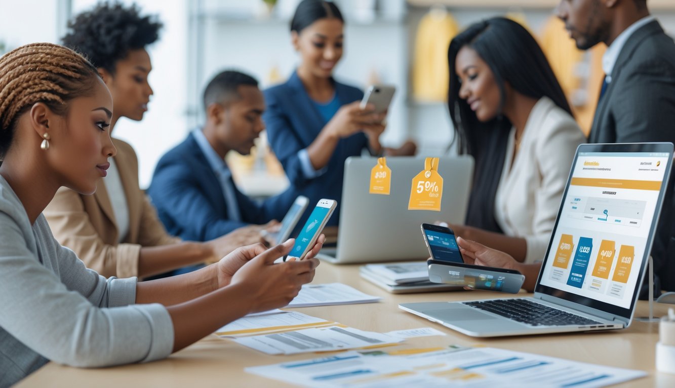 Shoppers using smartphones and laptops to browse online discounts while a customer service representative assists with return policy questions.