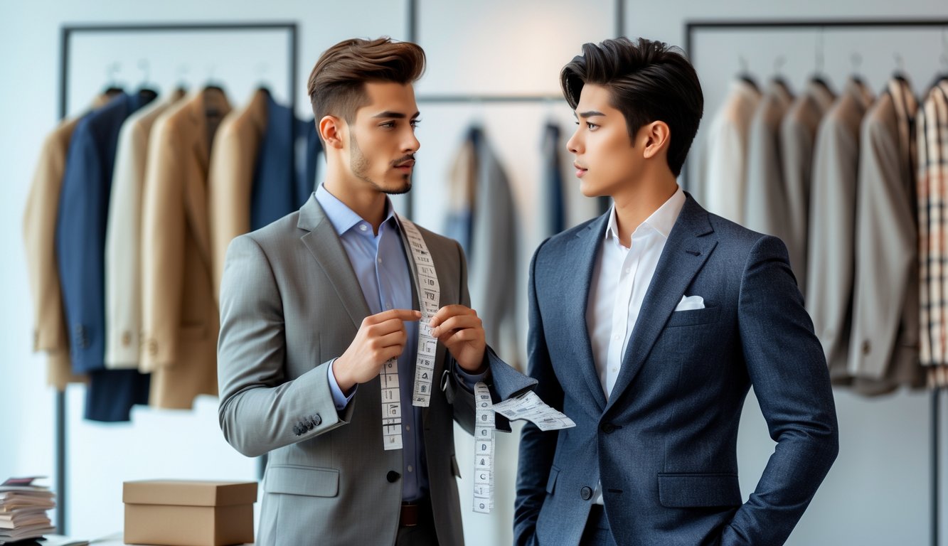 A fashion stylist measures and advises a young man wearing a fitted suit in a clothing studio.