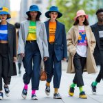 A diverse group of people wearing bold and unconventional clothing pieces walking outdoors in a city setting.