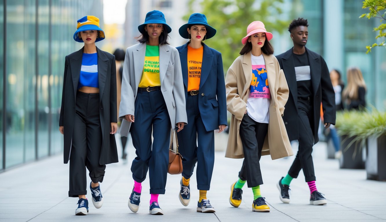 A diverse group of people wearing bold and unconventional clothing pieces walking outdoors in a city setting.