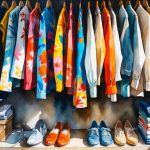 A closet scene showing colorful printed clothes prominently displayed alongside plain basic garments in muted colors.
