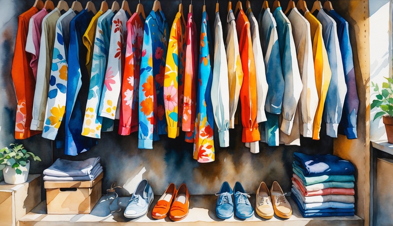 A closet scene showing colorful printed clothes prominently displayed alongside plain basic garments in muted colors.