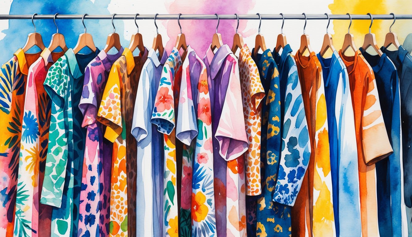A scene showing various clothing items with bold and colorful patterns displayed in a stylish wardrobe setting.