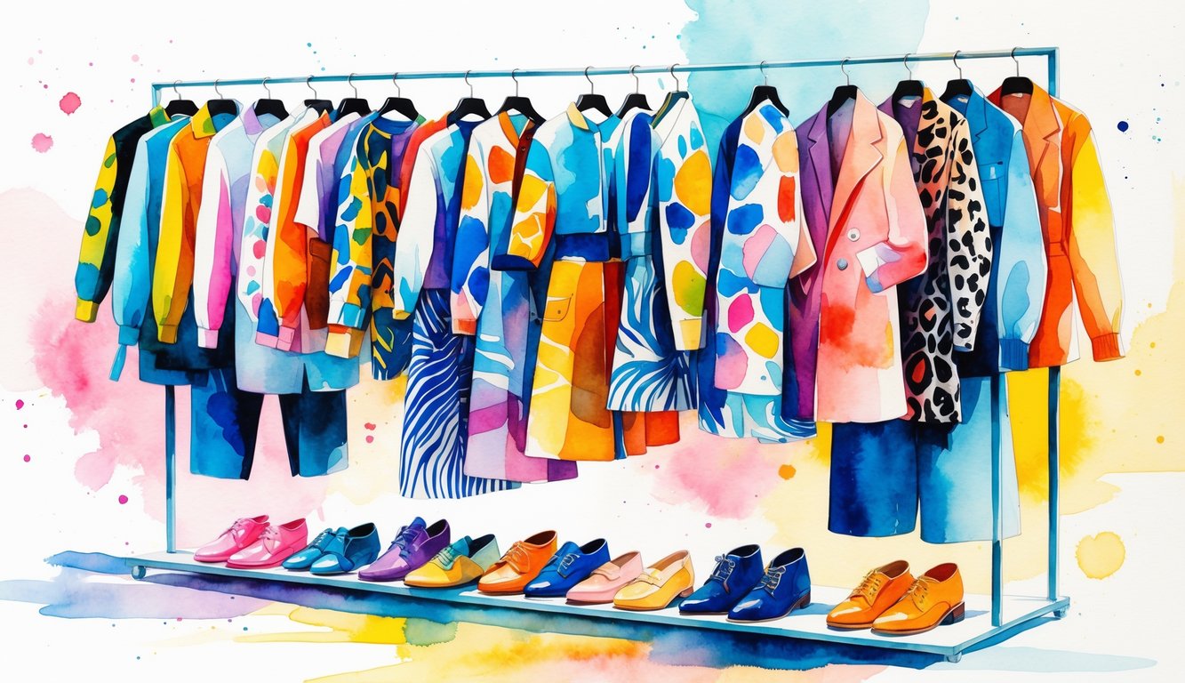A colorful wardrobe display showing clothing with bold prints in the foreground and simpler clothes in the background, representing changing fashion trends.
