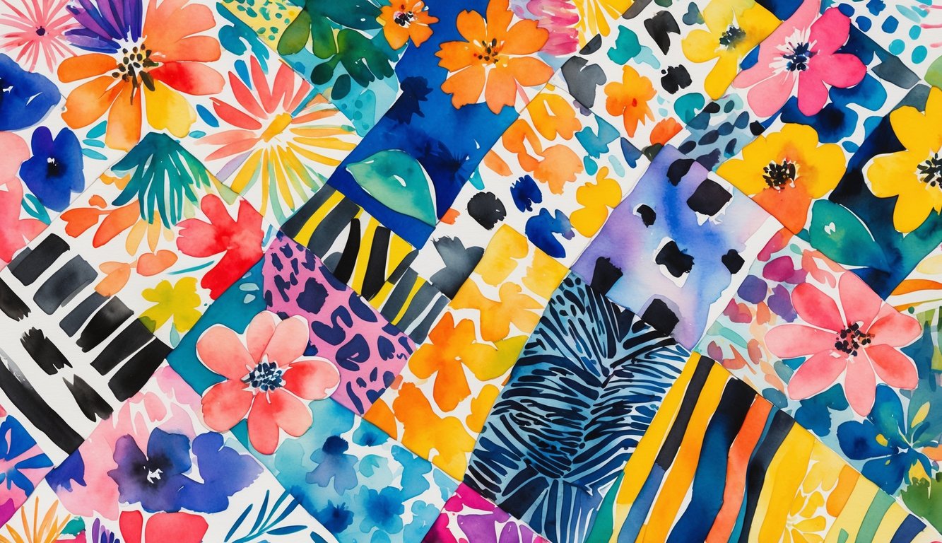 A colorful arrangement of various fashion patterns and prints blending together on fabric textures, showing different designs like florals, animal prints, and geometric shapes.