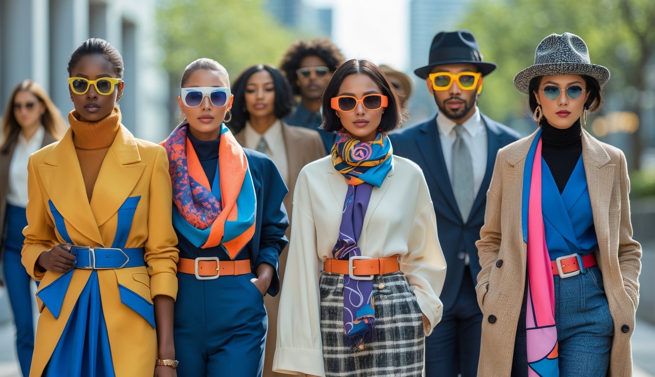 A diverse group of people wearing bold and unexpected accessories in an urban outdoor setting.