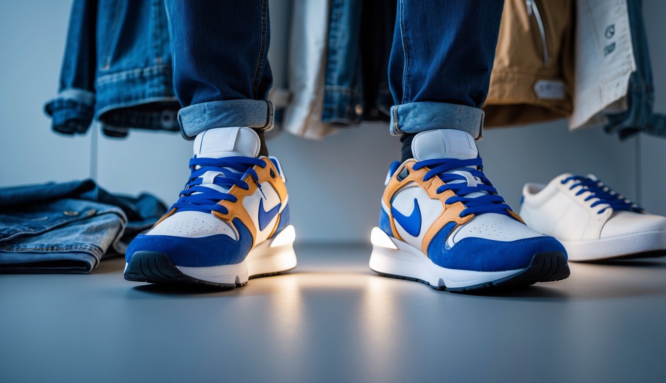 A pair of stylish sneakers illuminated by a spotlight surrounded by casual clothing items on a neutral surface.