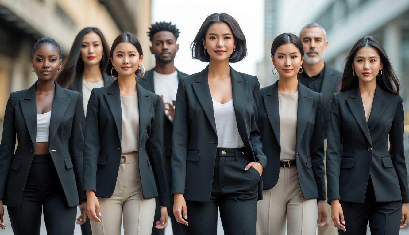 A group of people wearing black blazers standing outdoors in a city setting.