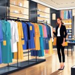 A shopper looks at designer clothes in a luxury boutique where an employee restocks items on shelves.