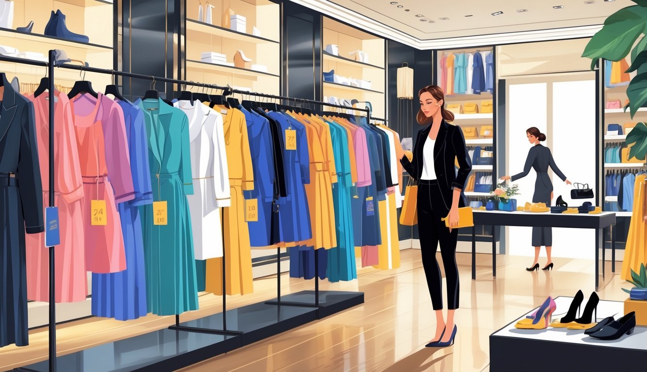Feature image A shopper looks at designer clothes in a luxury boutique where an employee restocks items on shelves.
