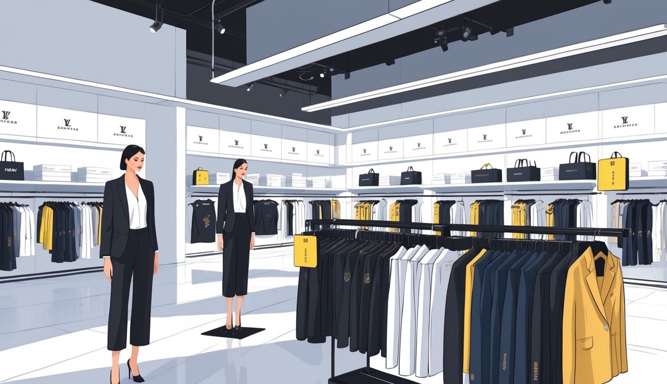 A clothing store with designer clothes on display and a stockroom with boxes, showing a scene of price reductions and managing unsold inventory.