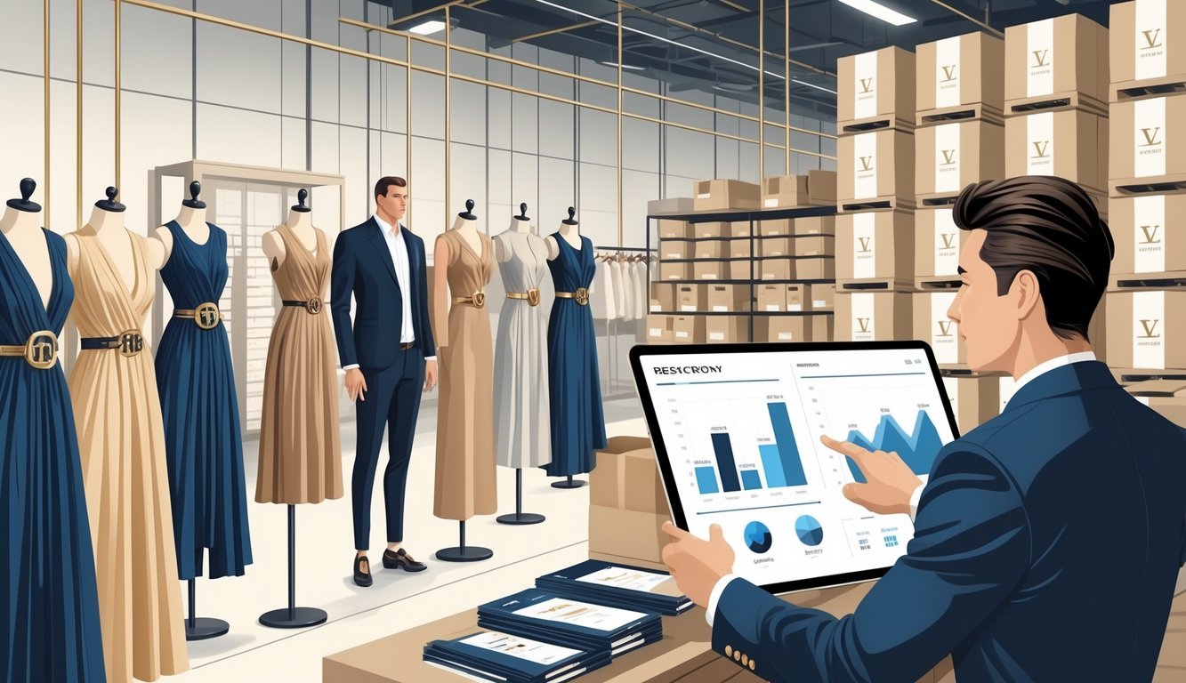 A luxury fashion boutique with mannequins wearing designer clothes, a stockroom with boxes, and a businessperson analyzing charts on a tablet.