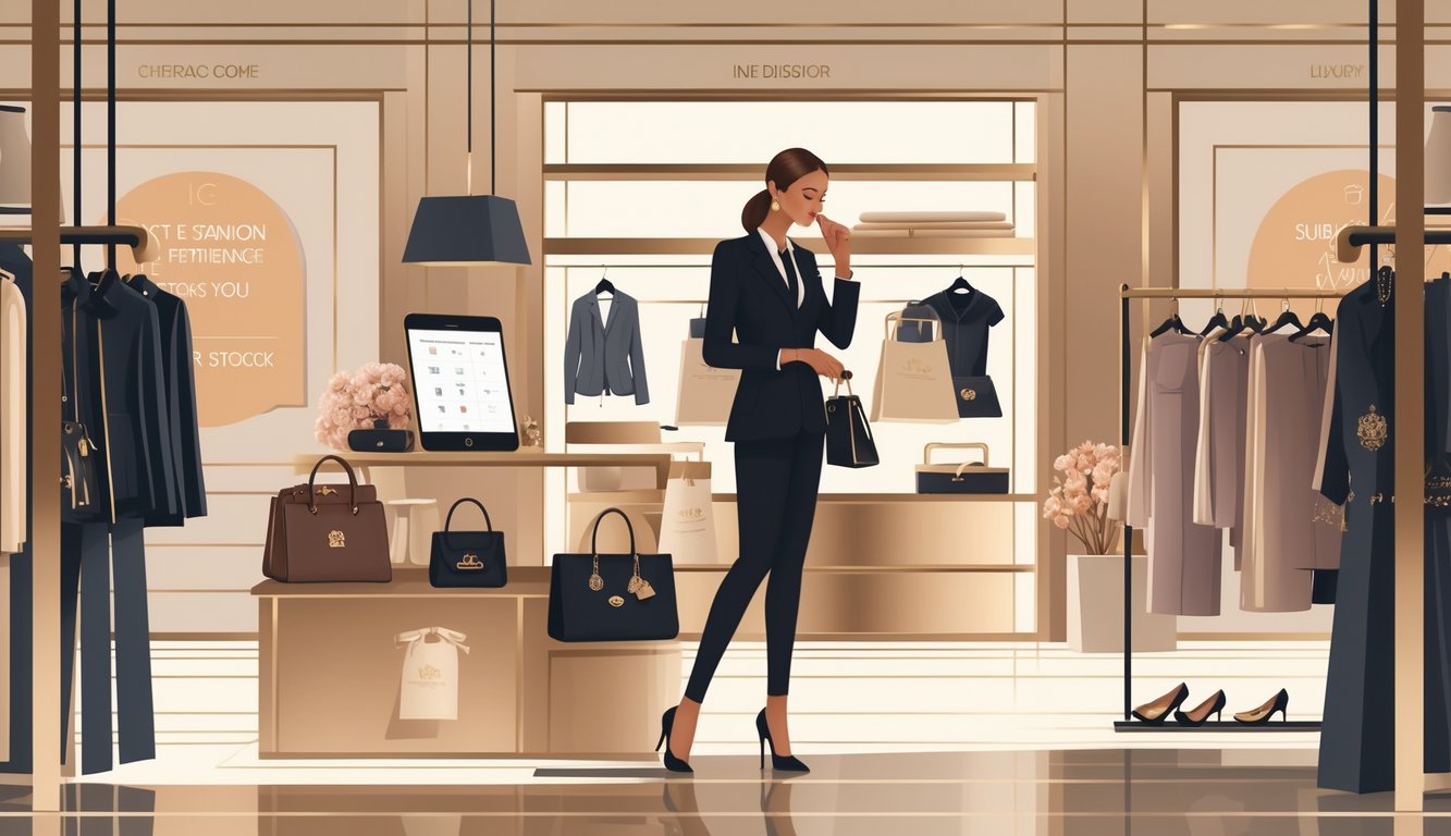 Inside a luxury boutique, a shopper examines a designer handbag while a manager reviews inventory, with some clothing items subtly marked for sale.