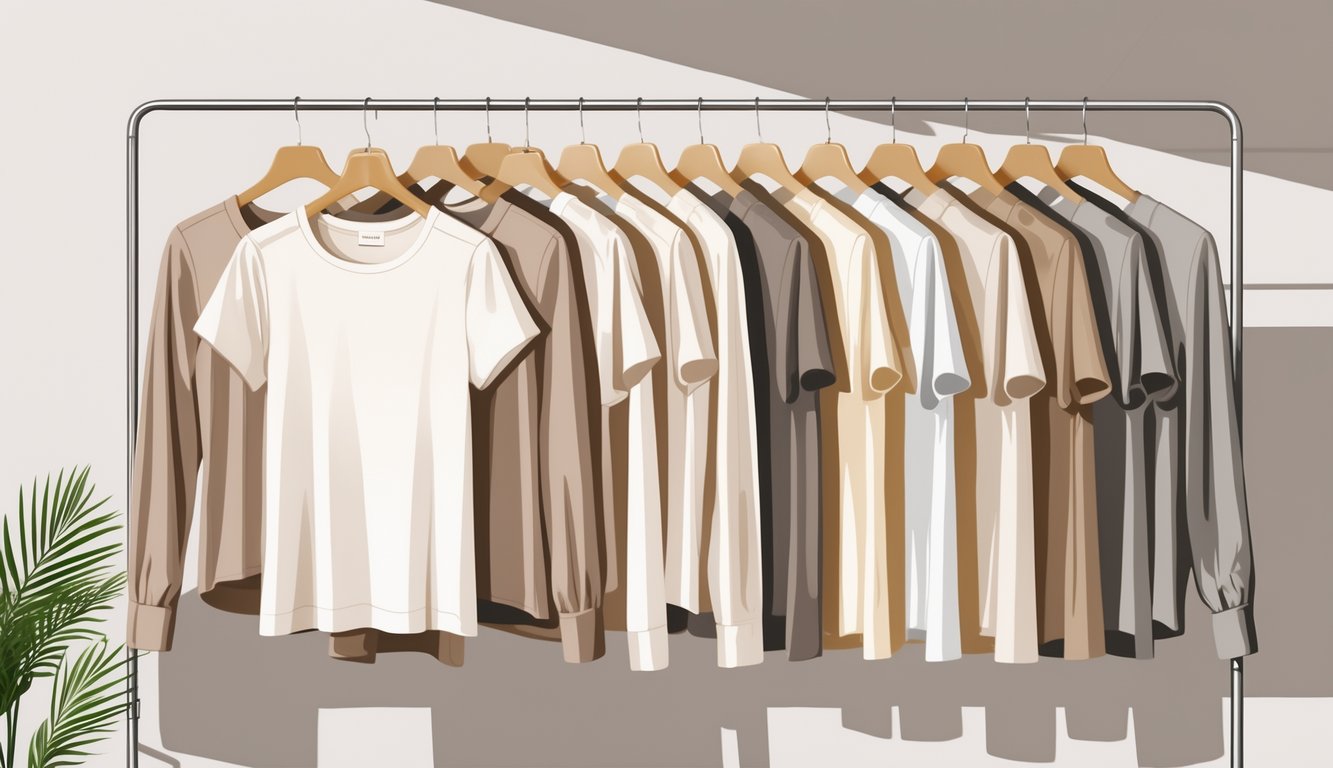 A display of various neutral-colored tops, tees, and button-up shirts arranged neatly against a simple background.