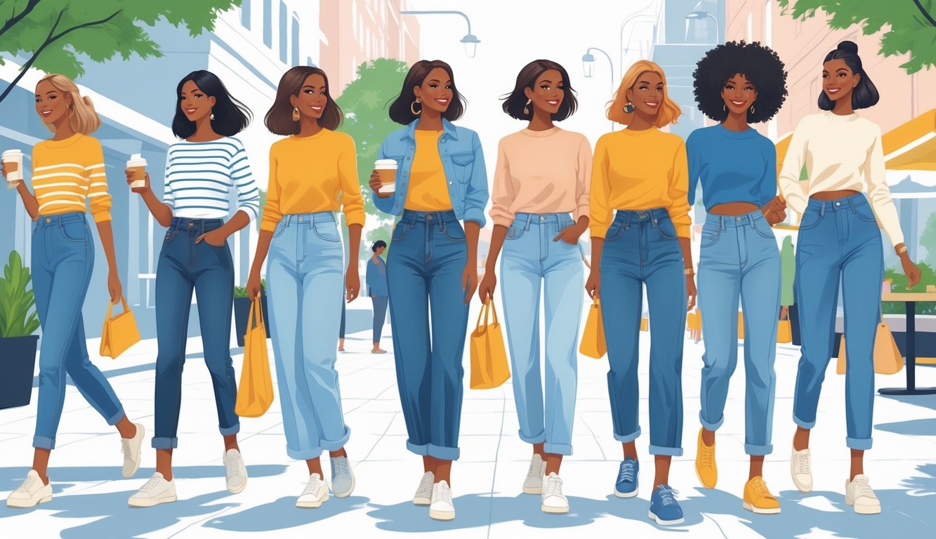 A group of people wearing jeans, trousers, and skirts in a city street setting, engaging in everyday activities.