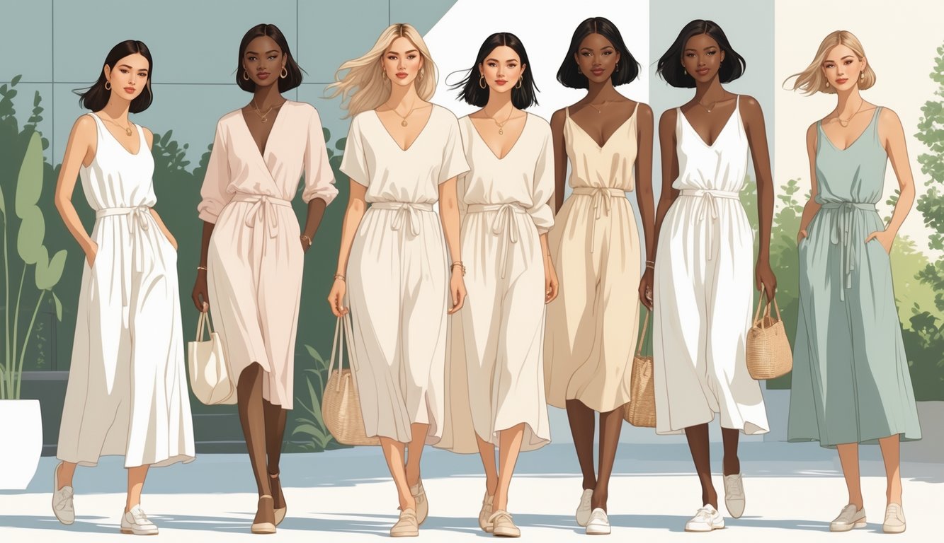 A group of women wearing elegant everyday dresses standing outdoors in a city environment.