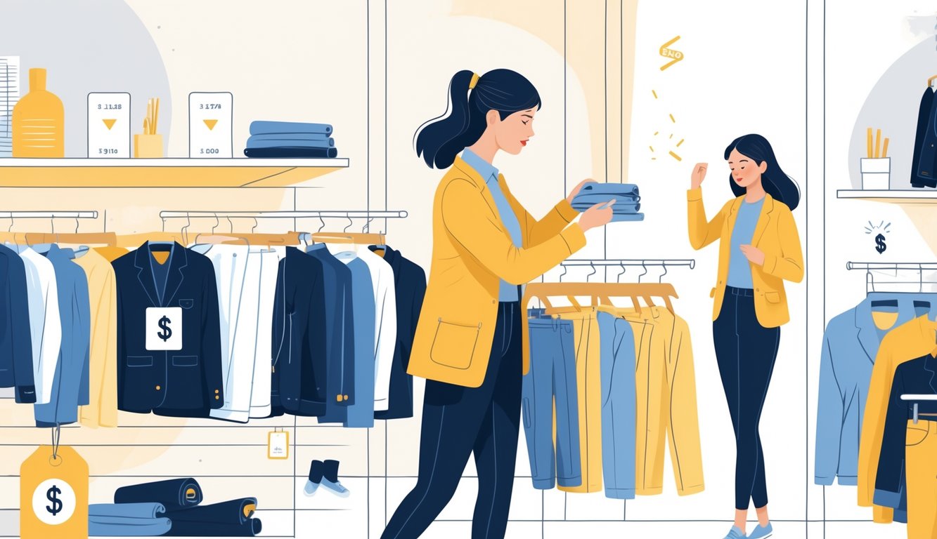 A person selecting clothes from a wardrobe, thoughtfully swapping garments with organized clothing around them.