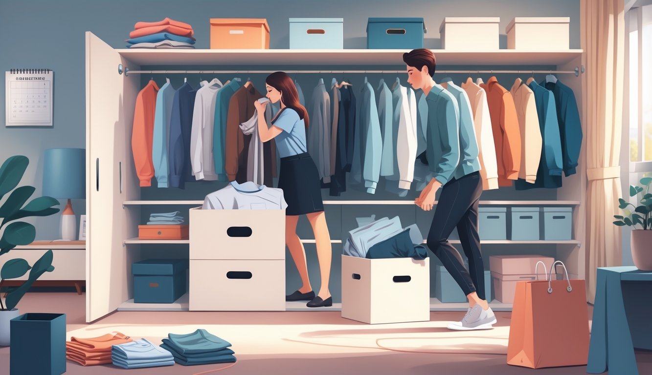 A person organizing a tidy wardrobe, sorting clothes into storage boxes and selecting items to keep or donate.