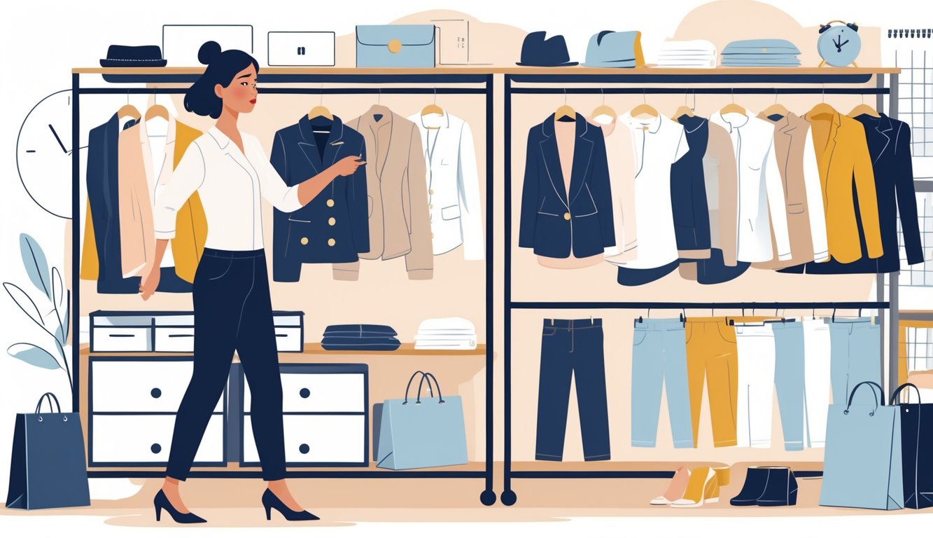 A person selecting clothes from a neatly organized wardrobe filled with versatile clothing items.