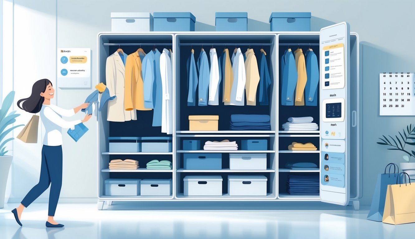 A modern wardrobe with organized clothes and storage boxes, a digital panel showing a smart wardrobe system, and a shopper selecting clothes in a bright room.