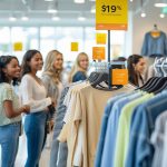 Shoppers looking at clothing racks in a bright retail store with select items marked for discounts.