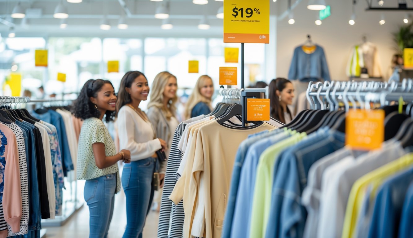 Feature image Shoppers looking at clothing racks in a bright retail store with select items marked for discounts.