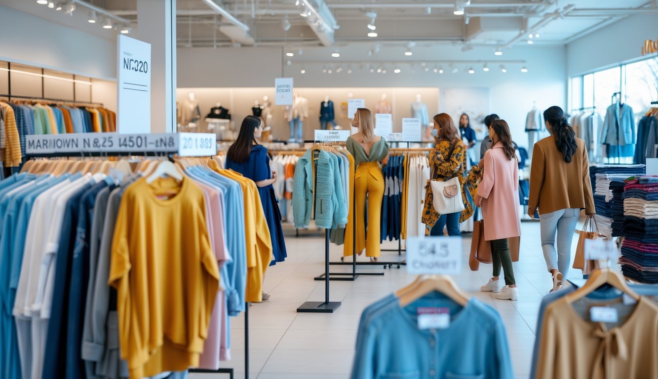 Shoppers browsing clothing racks in a bright, modern retail store with neatly displayed apparel and discount tags.