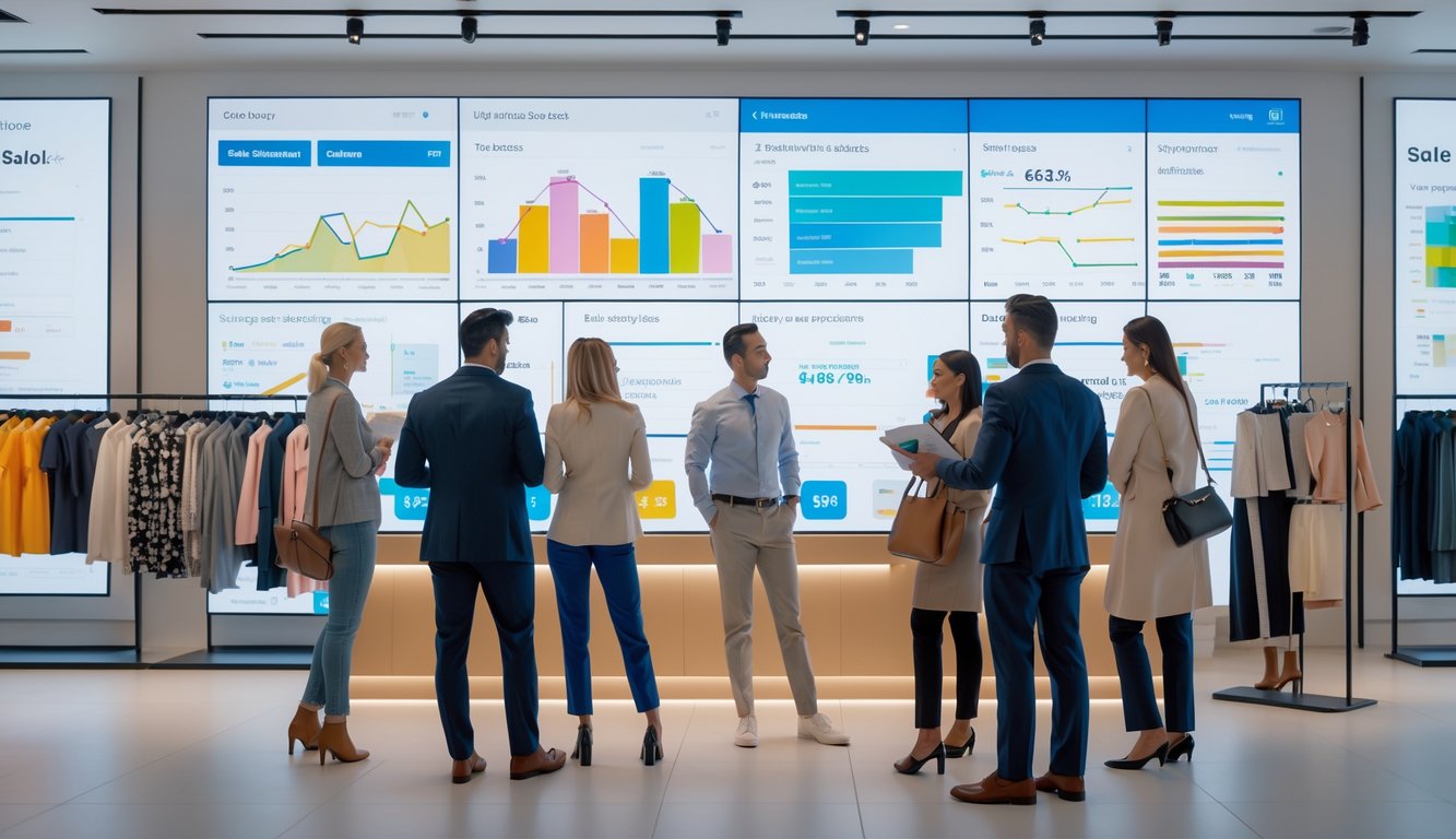 Retail employees analyzing sales data on digital screens while shoppers browse clothing racks in a store.
