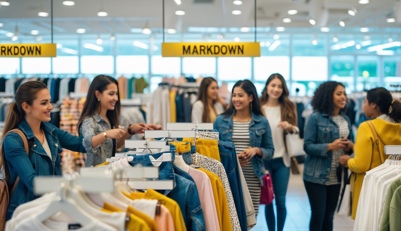 Shoppers browsing and selecting clothing in a bright, busy retail store with focused displays of popular styles.